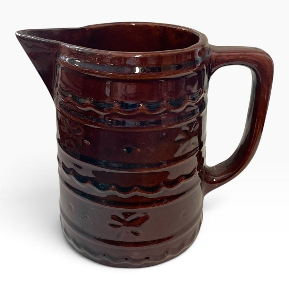 Vintage Marcrest Brown Glazed Stoneware Pitcher Jug Embossed Pattern 6" Tall